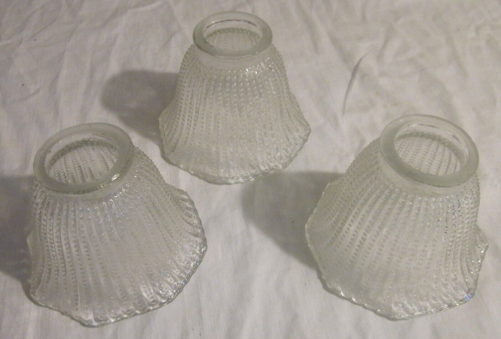 Three Matching CLEAR GLASS LIGHT SHADES -- Vertical Ribbed Pattern with Pearls