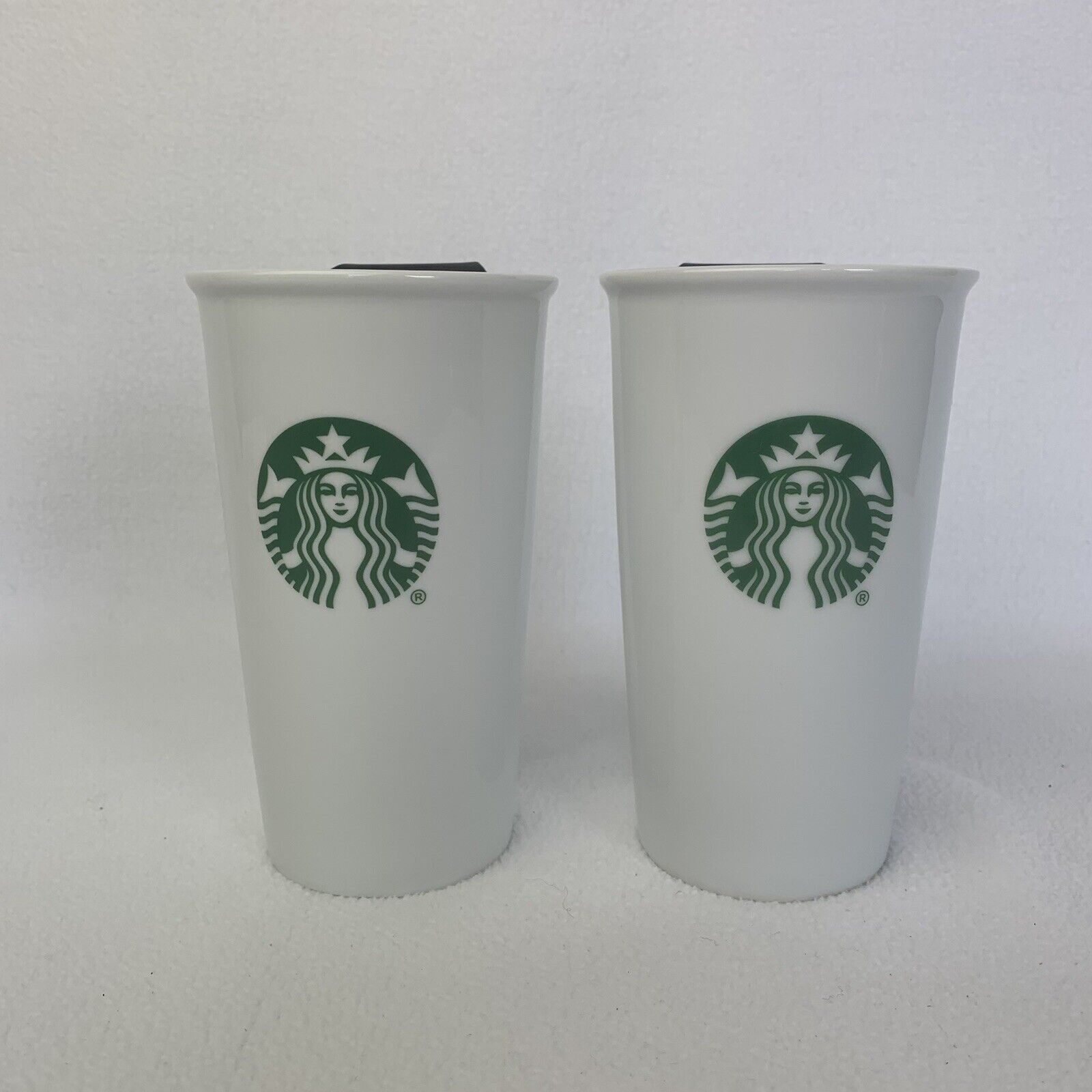 Starbucks Ceramic Travel Mugs 10 Oz White Tumbler with Black Lid Set of Two