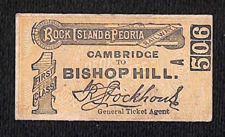 Rock Island & Peoria Railway 1896 Railroad Ticket Cambridge to Bishop Hall #506