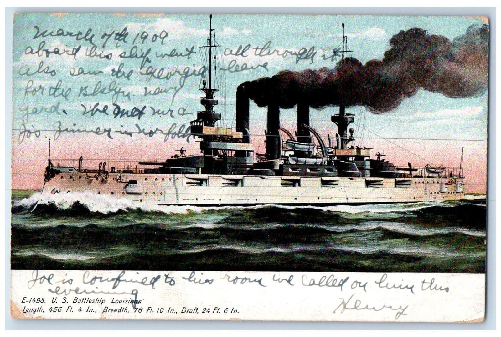 1909 U.S. Battleship Steamer Ship Louisiana LA Posted Antique Postcard