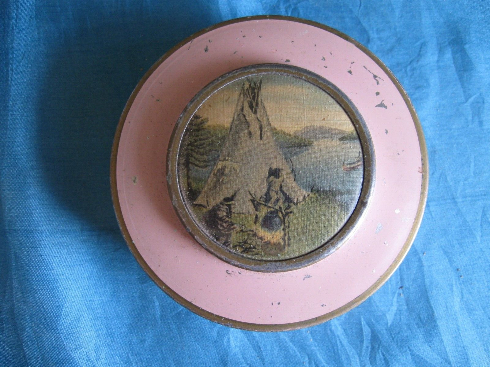 Antique Round Pink Tin Raised Celluloid Native American Camp Scene Art Graphic