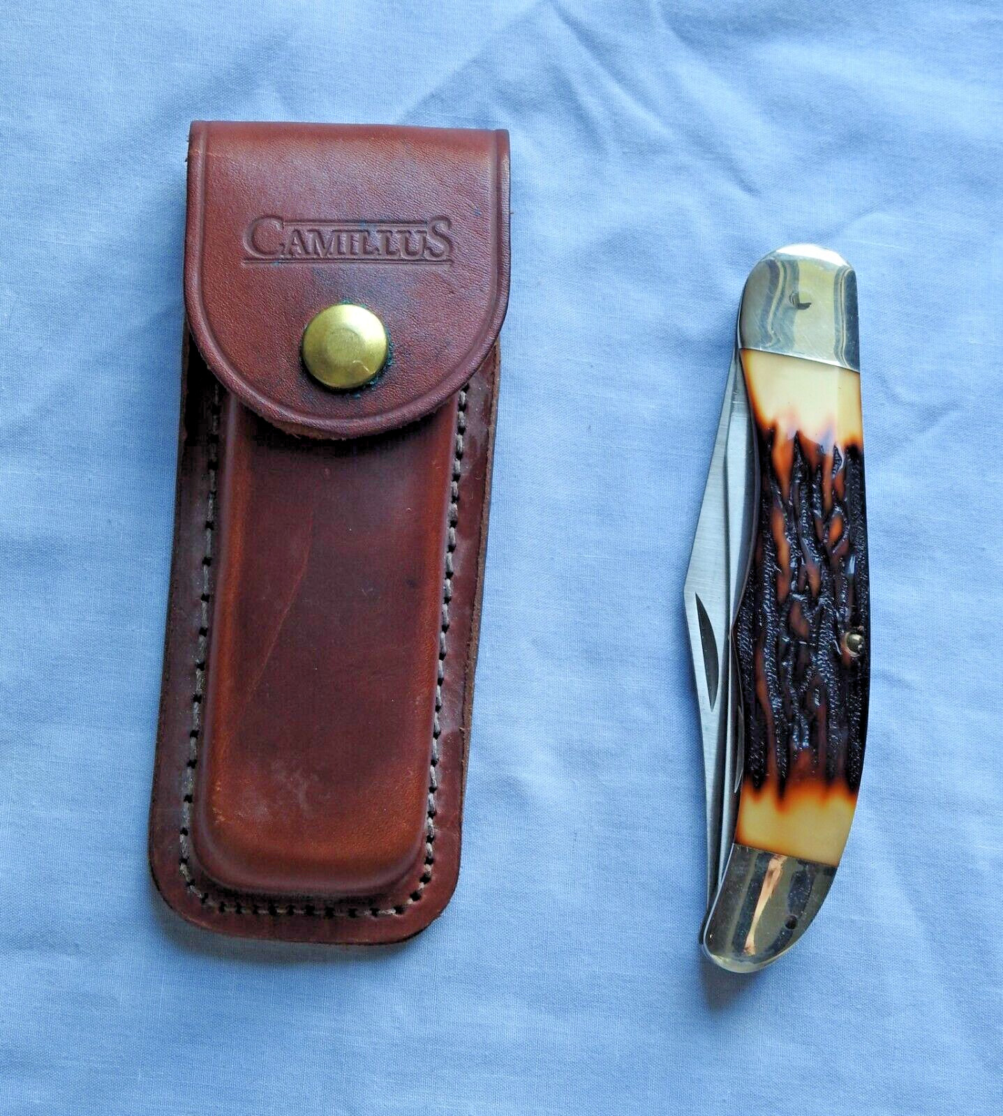 Camillus 1970-80s Mod 26 2-Blade Folding Knife w Stagalon Handle & Case - Unused