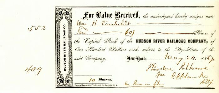 Hudson River Railroad Co. issued to Wm H. Vanderbilt - Stock Certificate - Autog