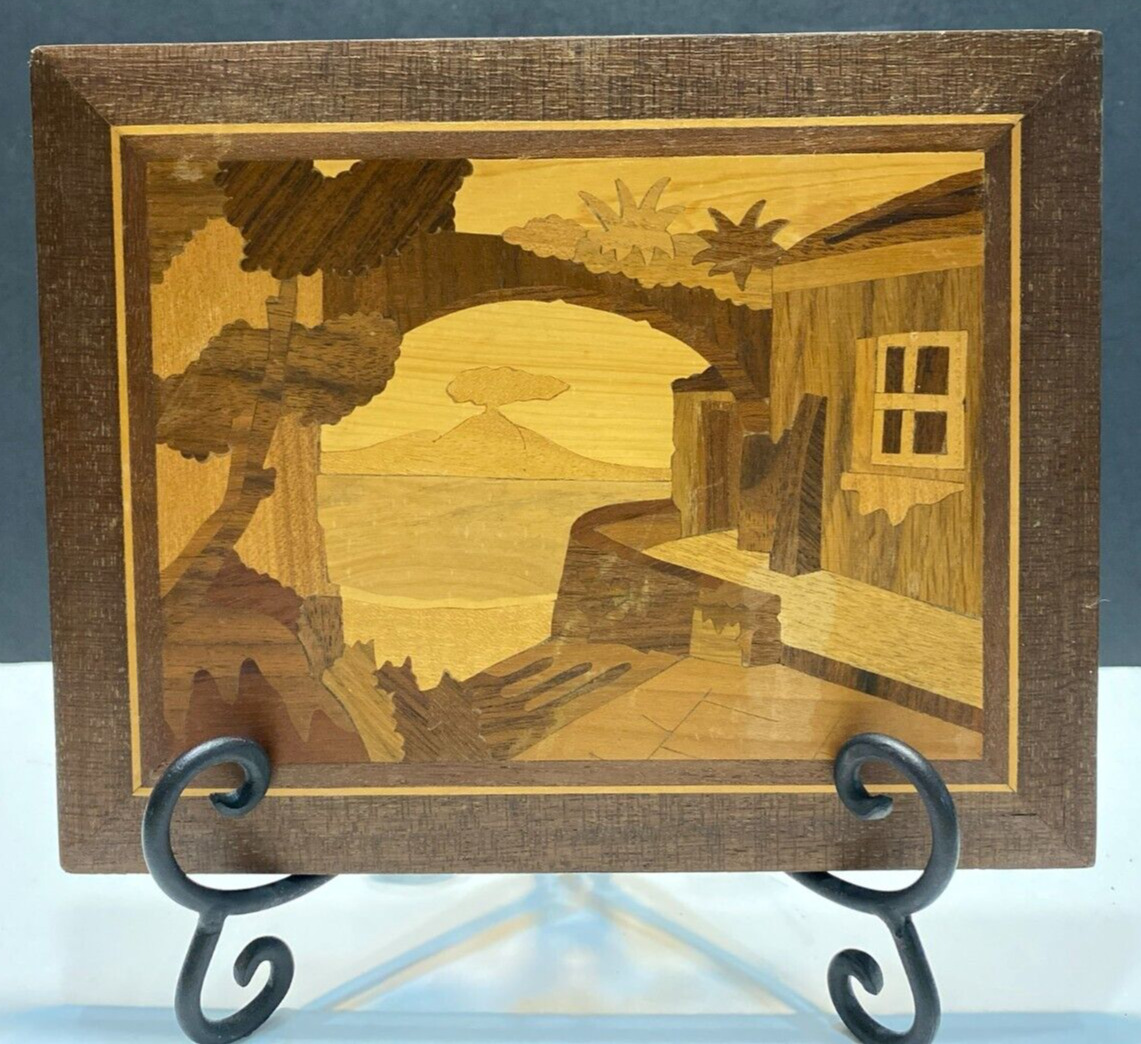 Vintage Italian Marquetry Seaside Villa Wood Wall Plaque Hand Inlaid Picture Art