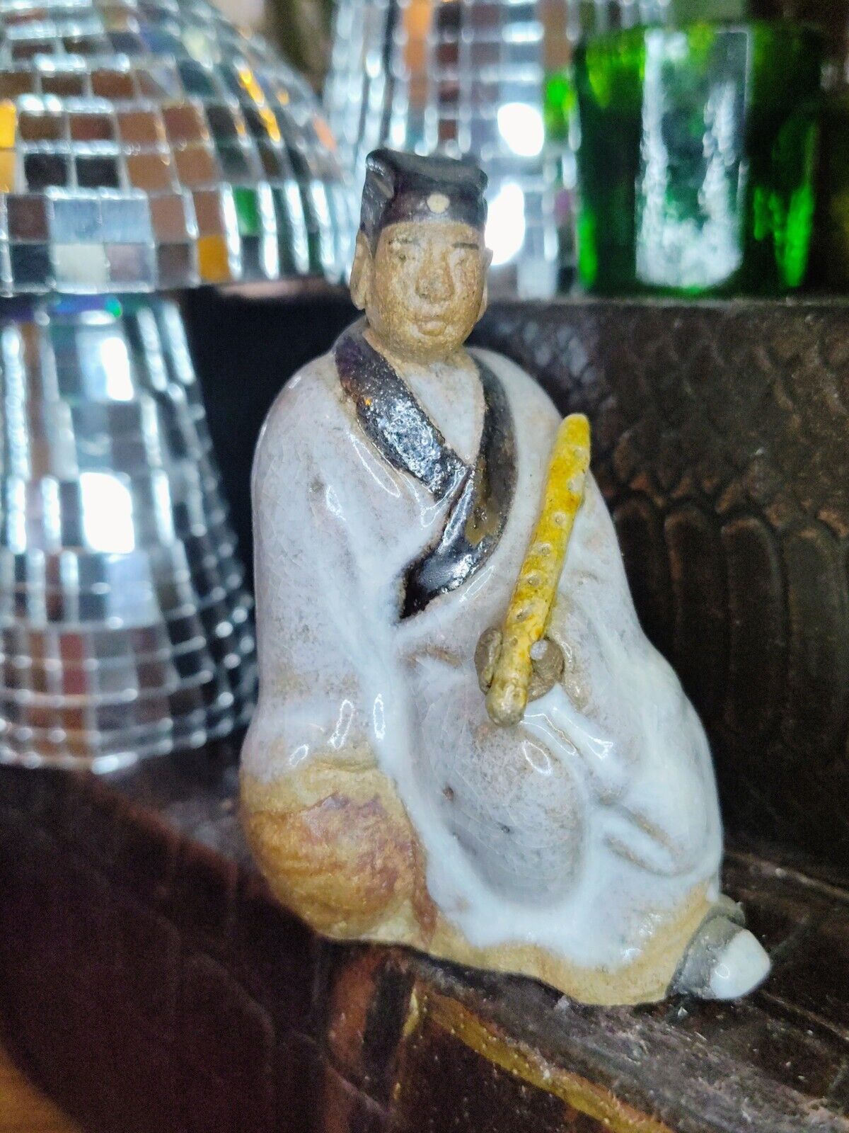 Vintage Handmade & Hand Painted Chinese Mudman Sitting With Dizi (Flute)