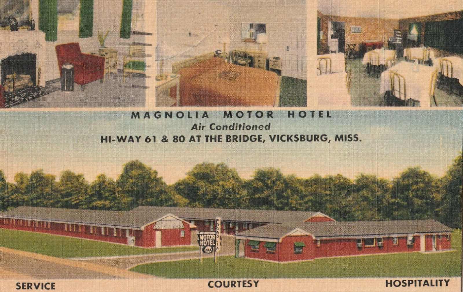 Vintage Postcard Magnolia Motor Hotel Vicksburg, Mississippi HWY 61 & 80 Bridge