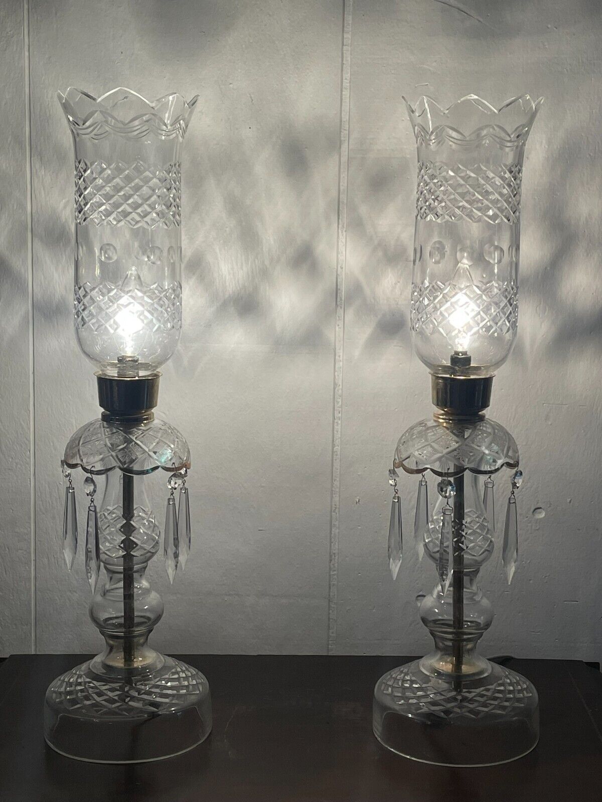 Pair of Cut Crystal Boudoir Hurricane Electric Lamps