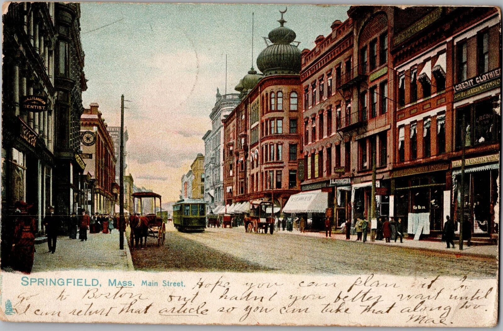 1905 Springfield, Massachusetts Downtown Antique Postcard Horses Street Car
