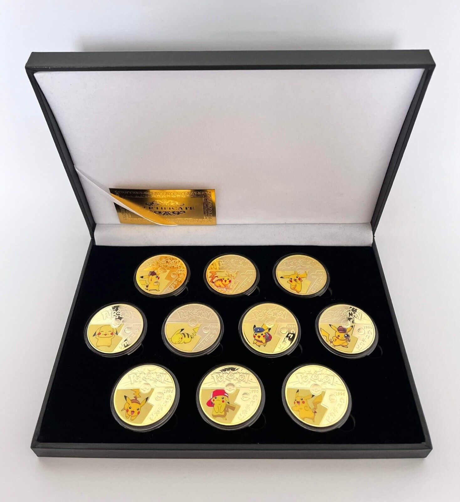 x10 Pokemon Pikachu Gold Plated Collectible Coins Set In A Black Display Box