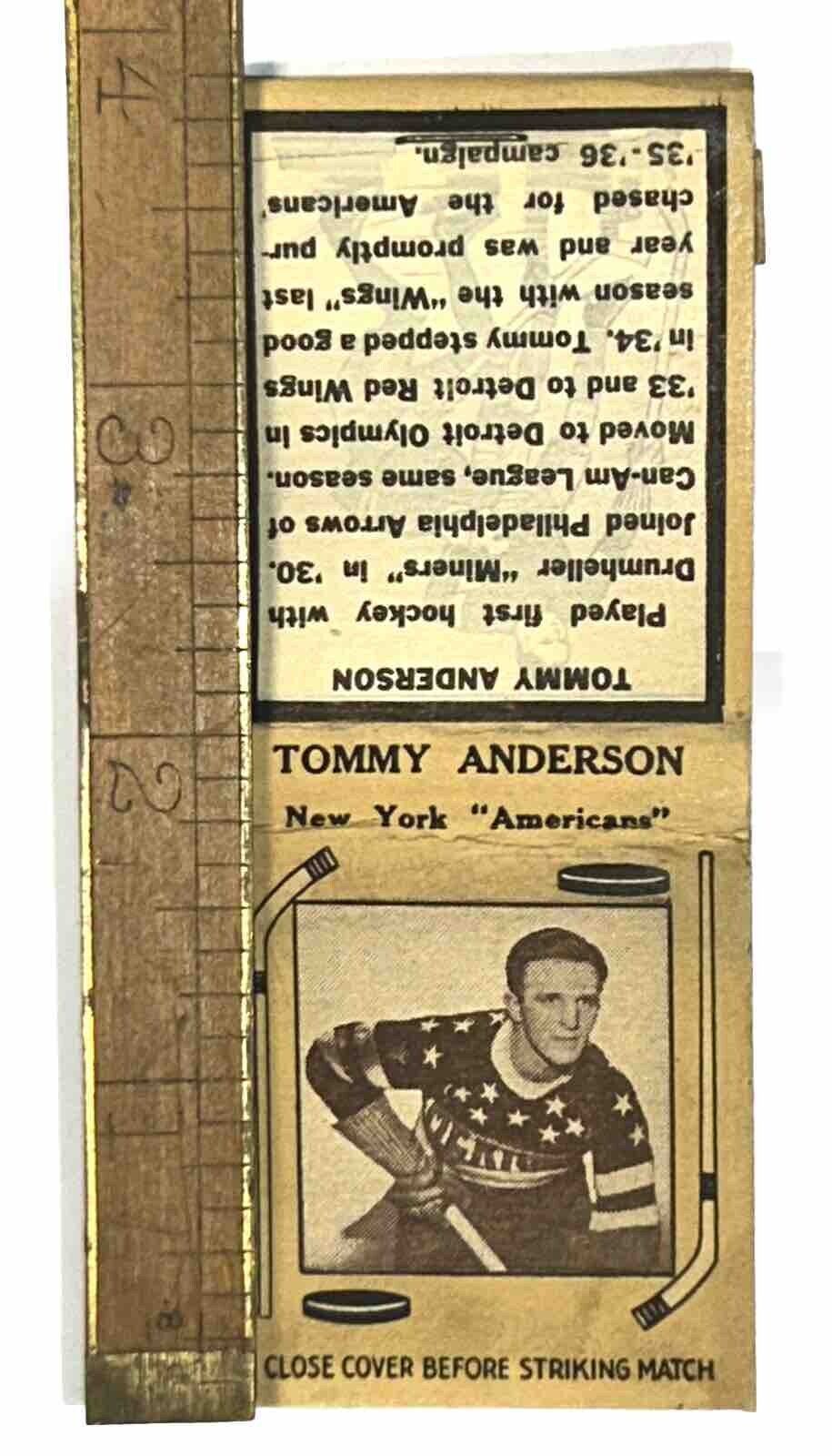 Vtg New York Hockey Early Advertising Matchbook Tommy Anderson 1930s NY USA 