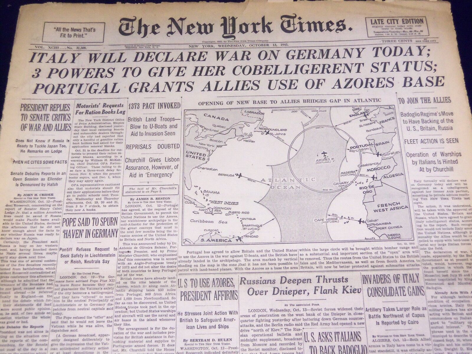 1943 OCT 13 NEW YORK TIMES - ITALY WILL DECLARE WAR ON GERMANY - NT 1908