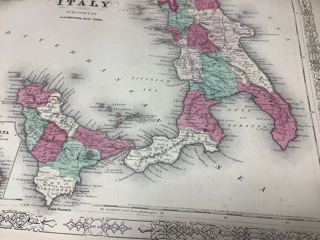 Original 1860\'s ITALLY :-) Antique Vintage JOHNSON\'s MAP: 26.5 X 18\