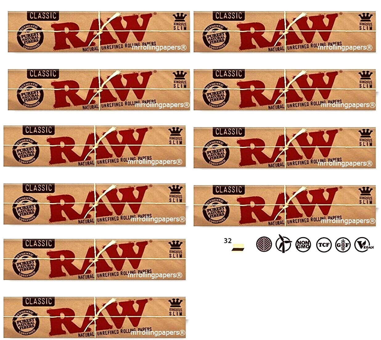 10x Raw  Classic King Size Rolling Papers Slim 10 PKS *Best Price* USA SHIPPED