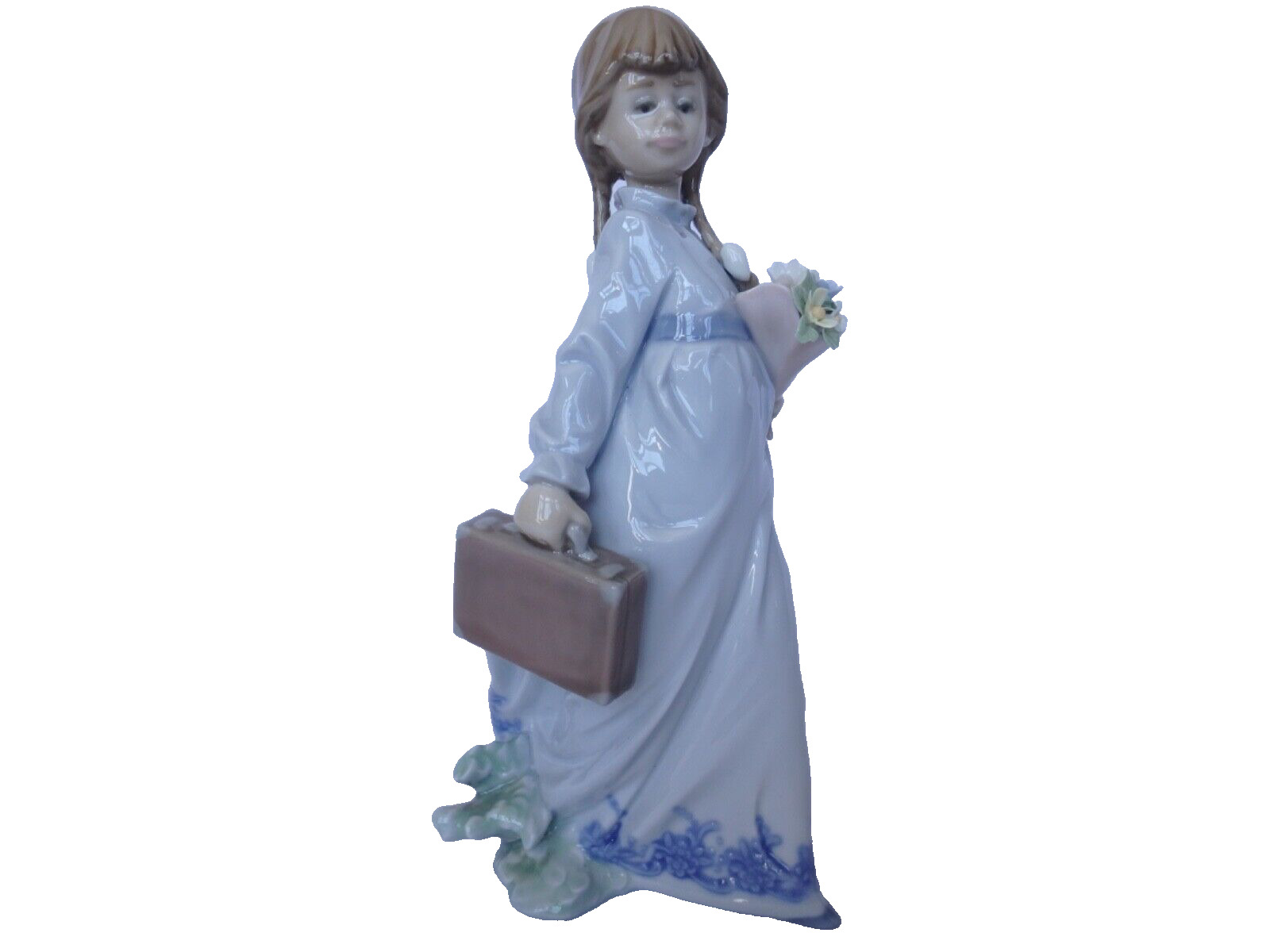 Lladro 7604 School Days Girl with Bag & Flowers Porcelain Figurine