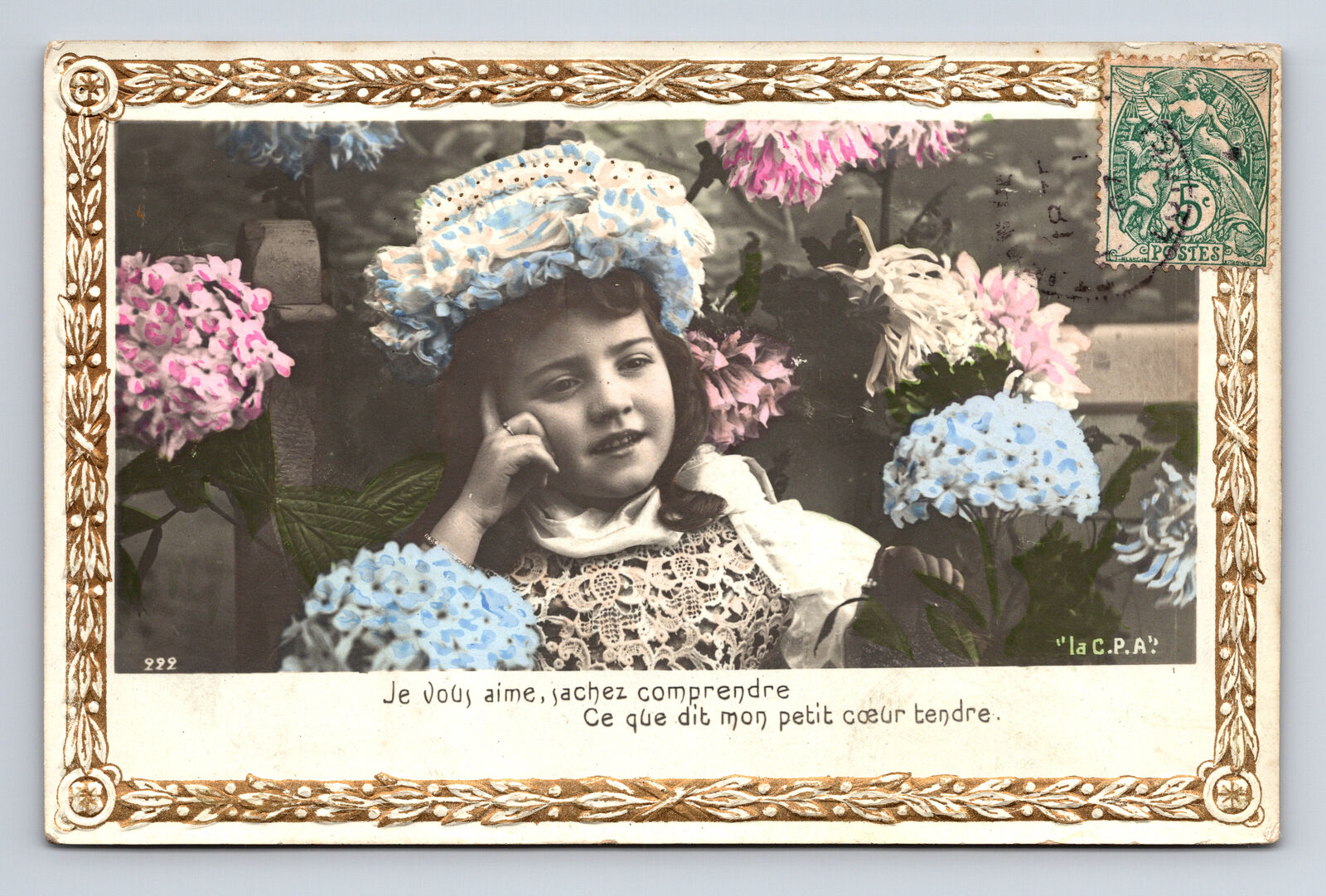 c1907 RPPC French Hand Colored Portrait of Girl Hydrangea Flowers CPA Postcard
