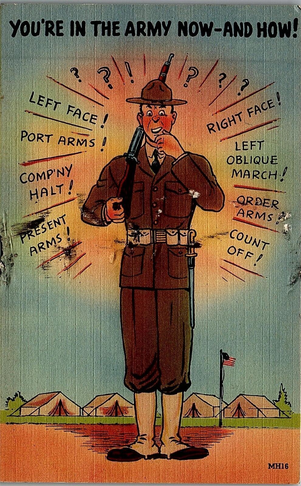 1930s WWII U.S. SOLDIER DOUGHBOY COMICAL LINEN POSTCARD 29-178