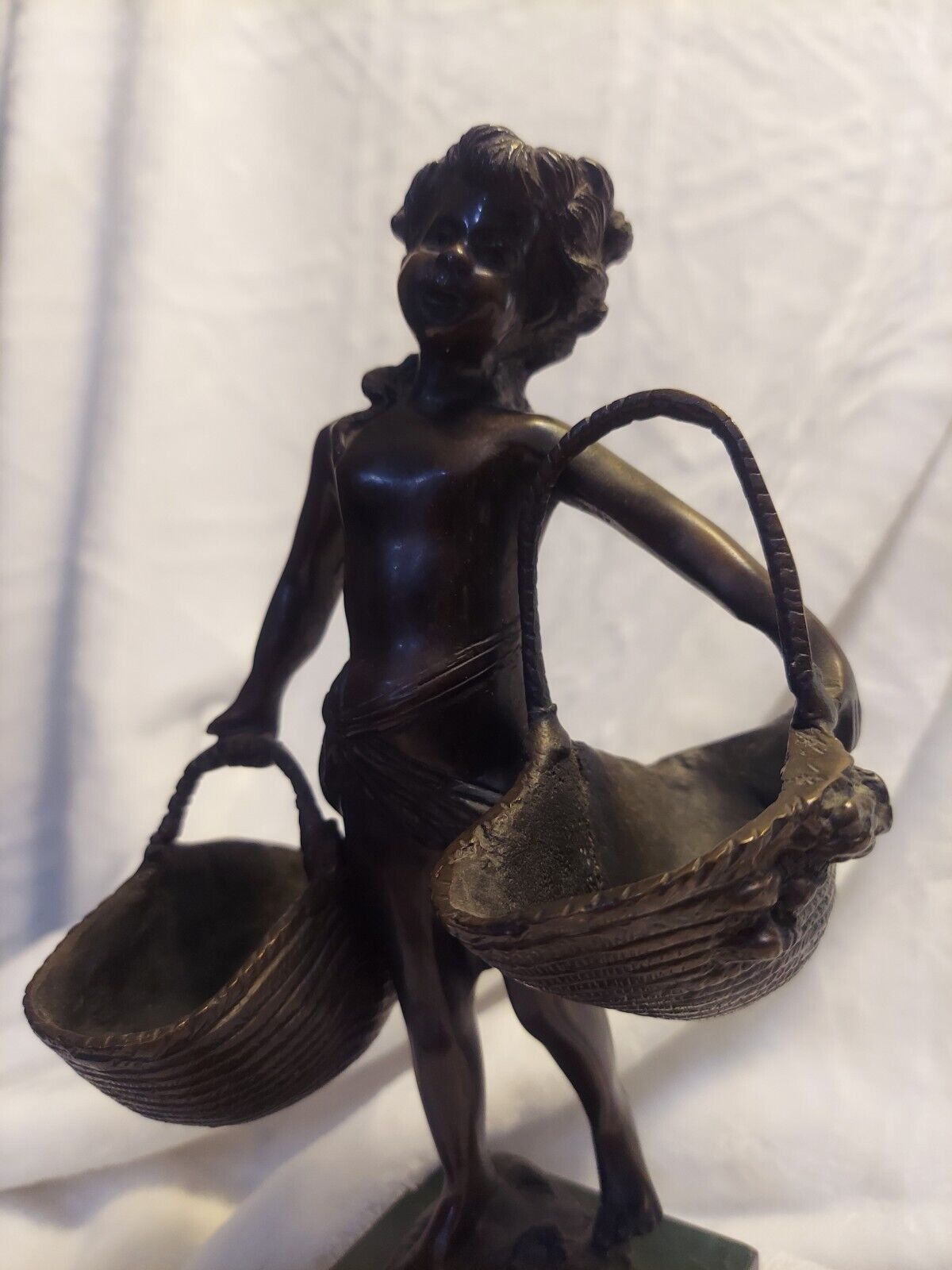 FINE SIGNED SUZANNE BIZARD GIRL WITH BASKETS FRENCH BRONZE/MARBLE FIGURE