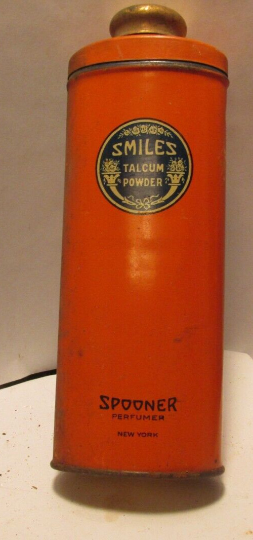 vintage tin Smiles Talcum Powder Spooner Perfumer New York  6\