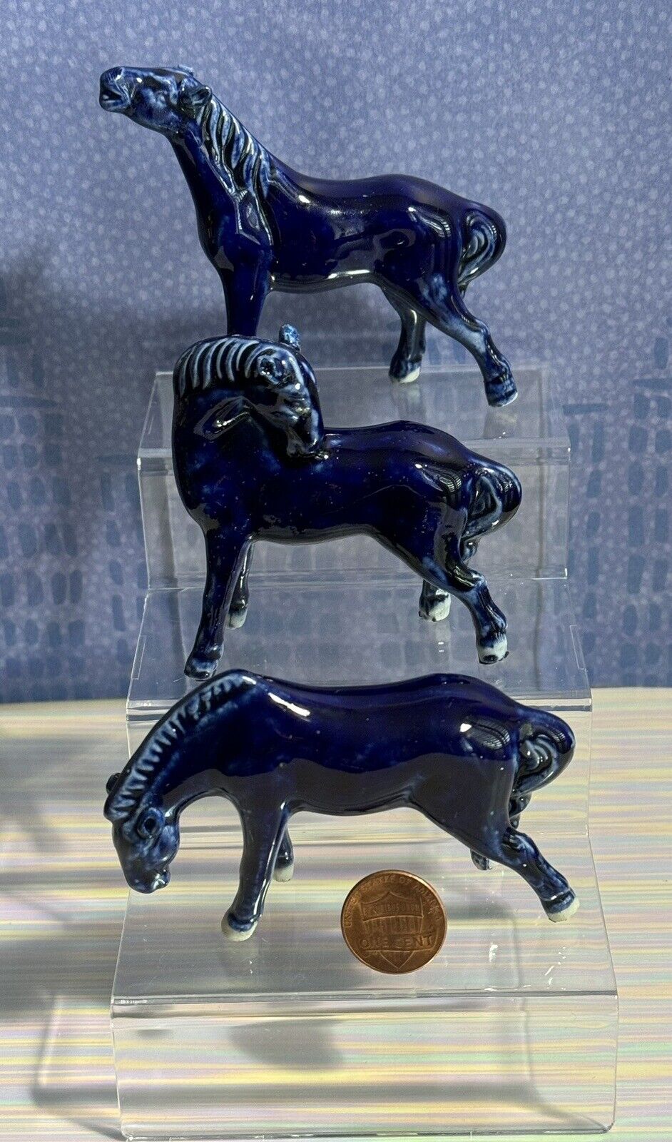 Vintage Mini Cobalt Dark Blue Porcelain Set of 3 Horse Figurines.