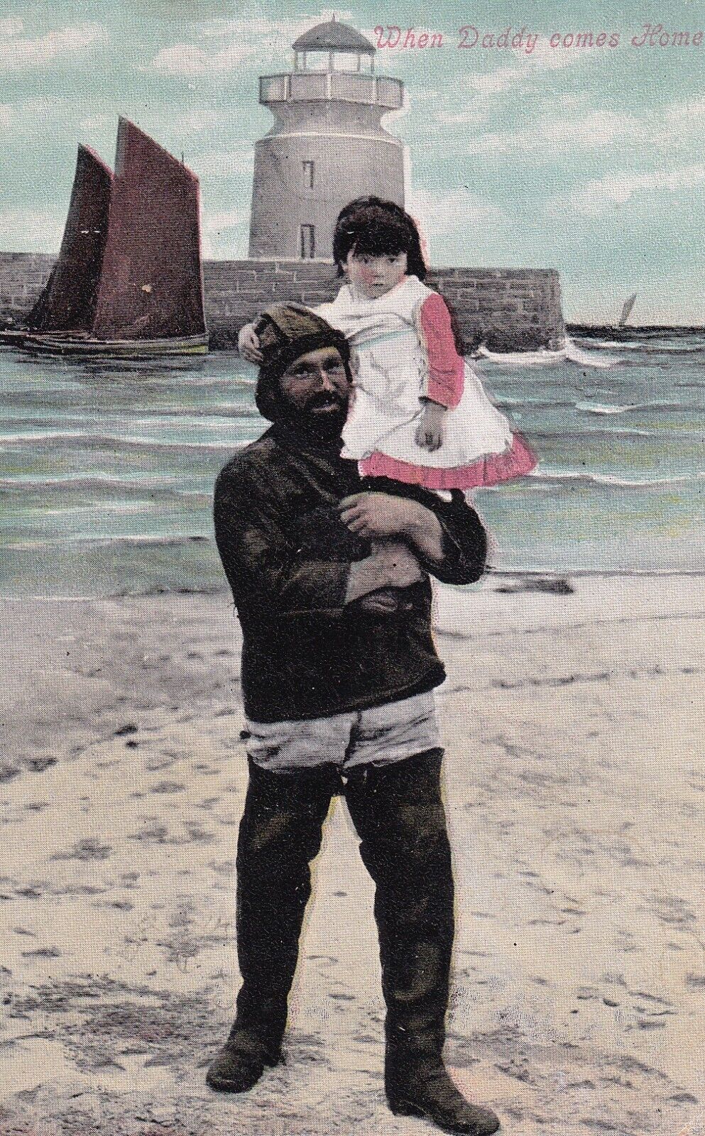 Vintage When Daddy Comes Home Postcard 1906 Sailor Fisherman Young Daughter Sea