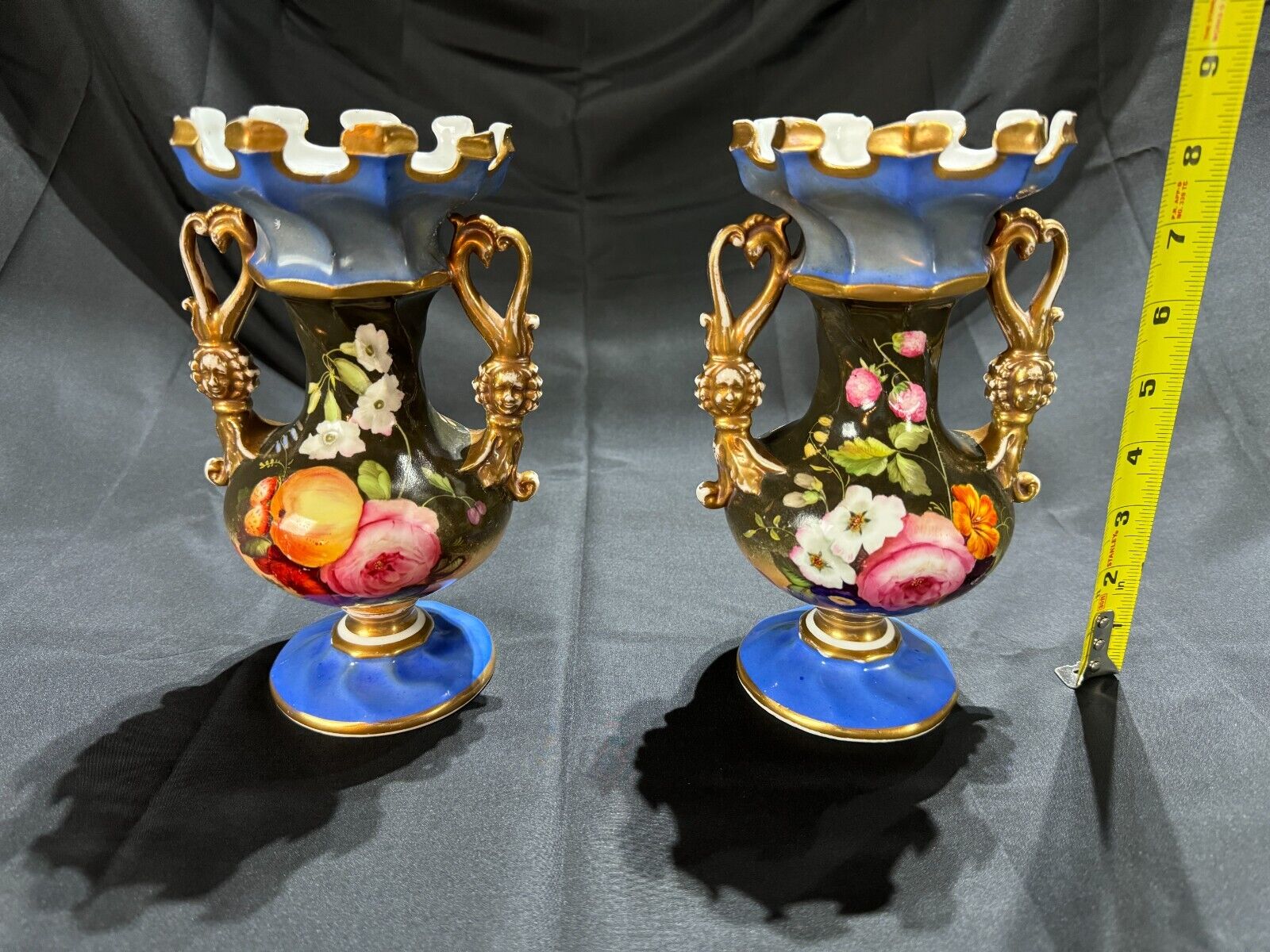 Pair of Antique French  Paris Porcelain Hand Painted Crown Vase ,  19th C.
