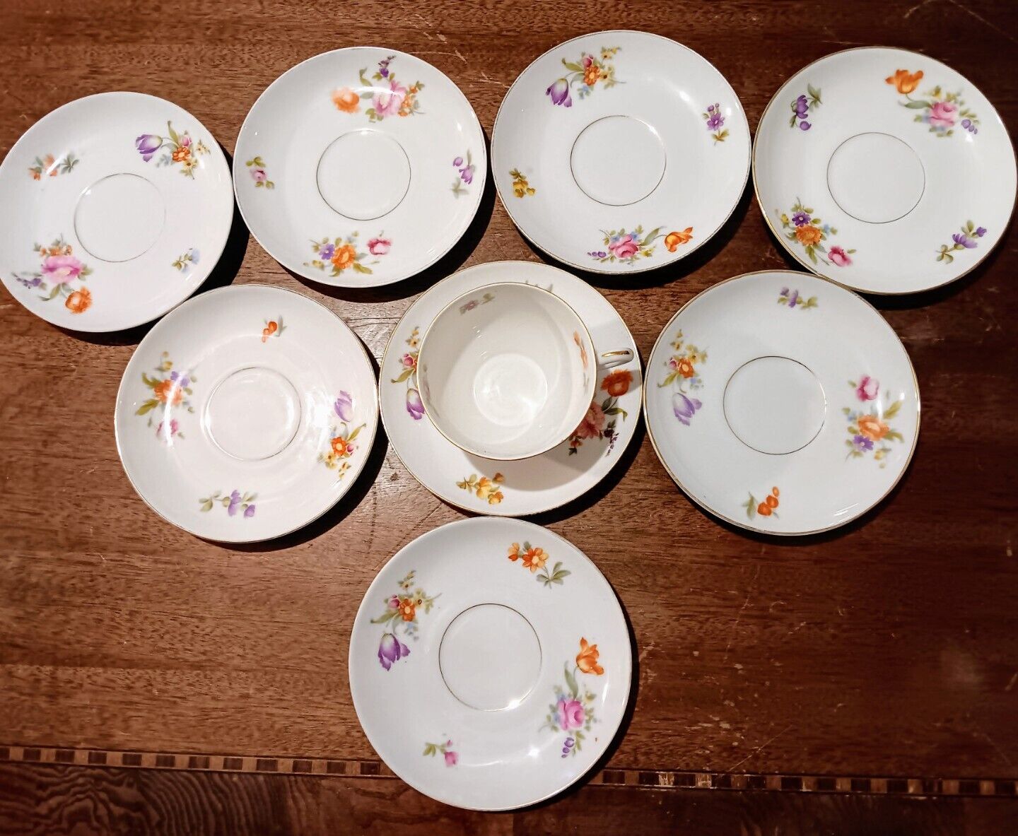 Vintage KPM Germany Porcelain Floral Decorative Coffee Plate Set Of 8 + 1 Cup