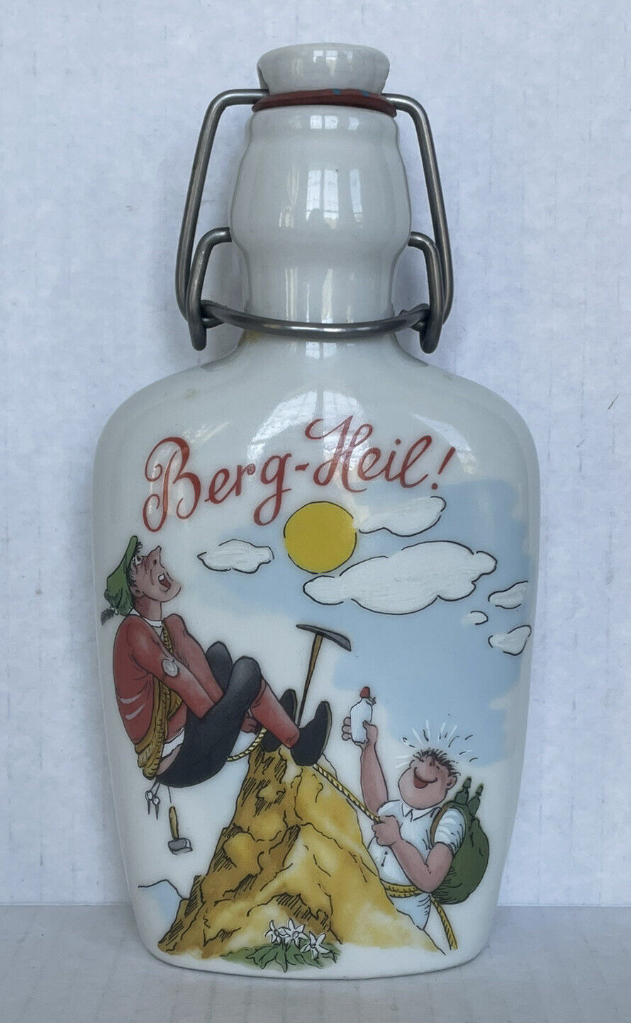 Vintage German Porcelain Flask Bottle Flip Top Novelty Alps Mountain Climbers