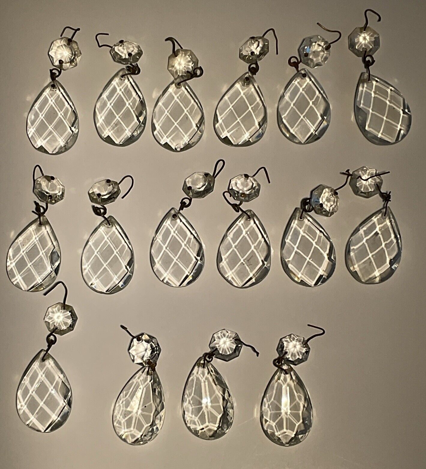 15 Antique Vintage Crystal Chandelier Lamp Tear Drop Prisms & Octagonal Bead
