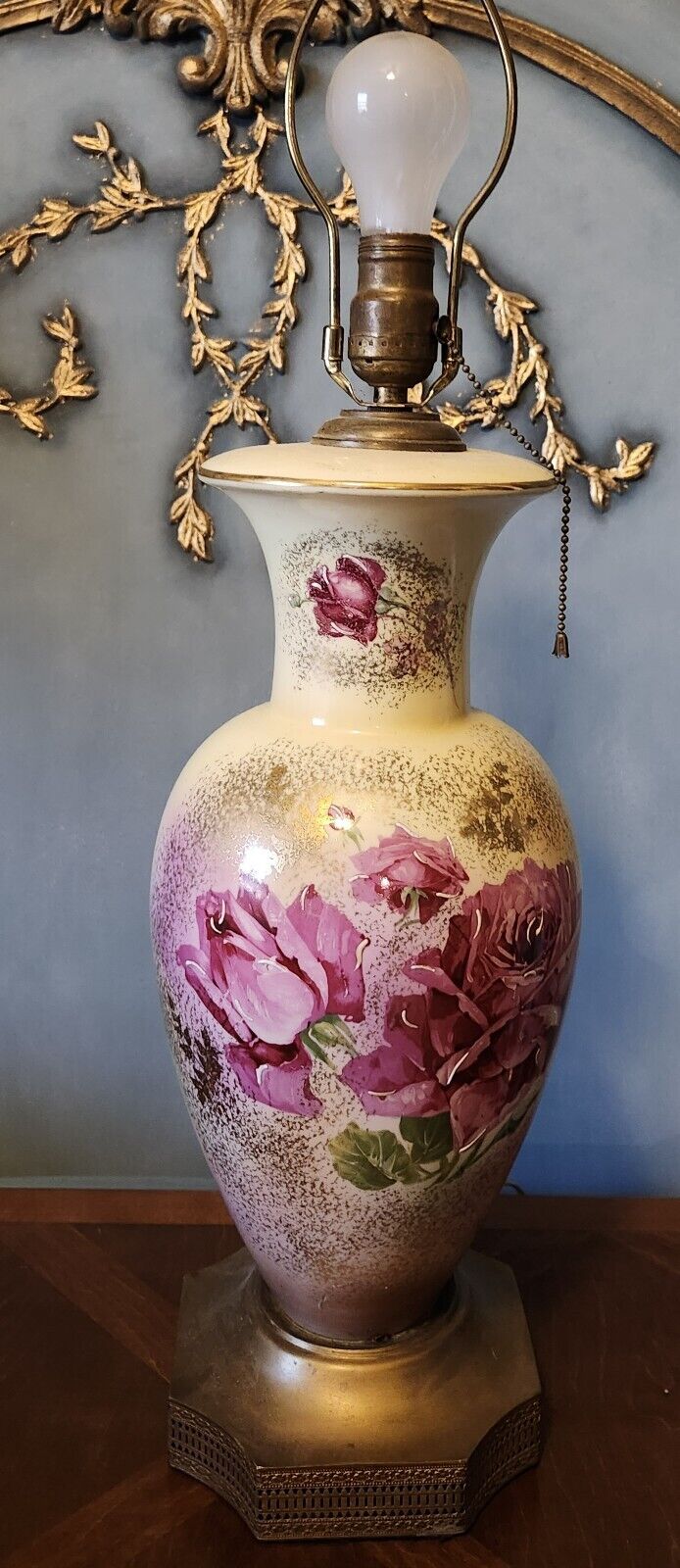 Vintage Handpainted Lamp With Beautifully Detailed Brass Base Roses Design 27 In