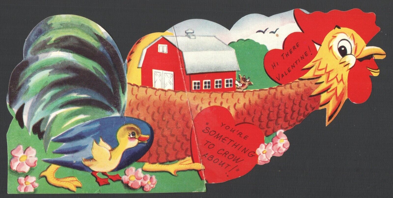 Large Vintage Valentines Card You\'re Something to CROW about Duckling &Rooster