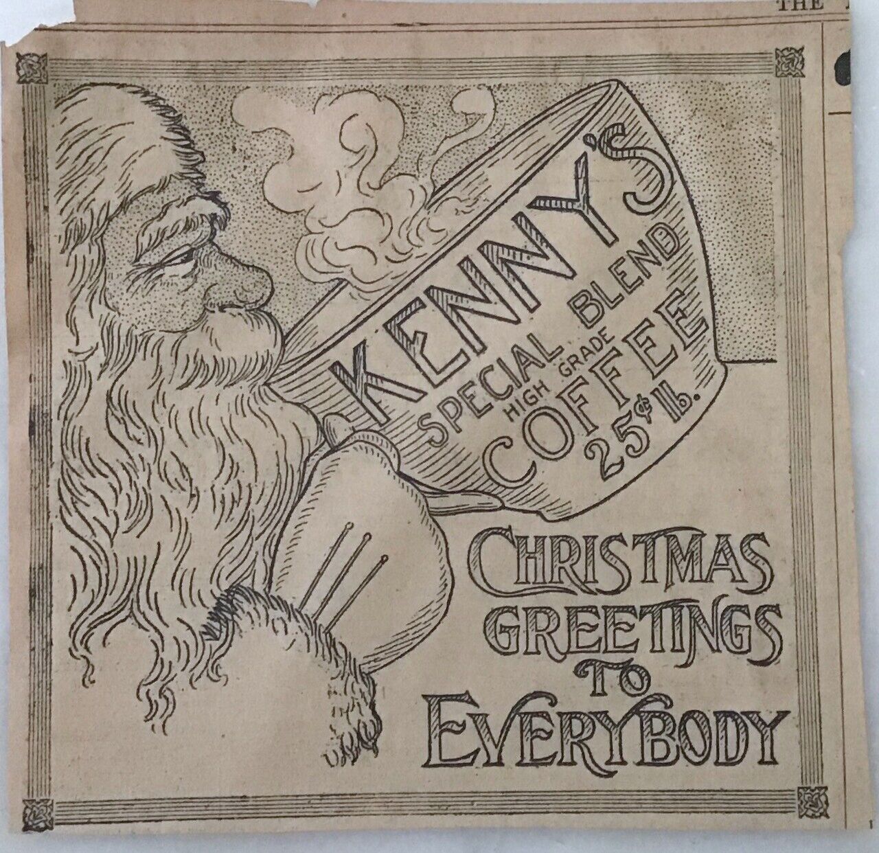 1910 newspaper ad for Kenny\'s Special Blend High Grade Coffee - Santa Claus Xmas