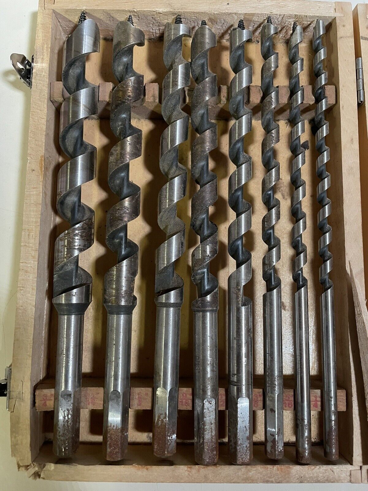 vintage wood auger drill bits set with wood box