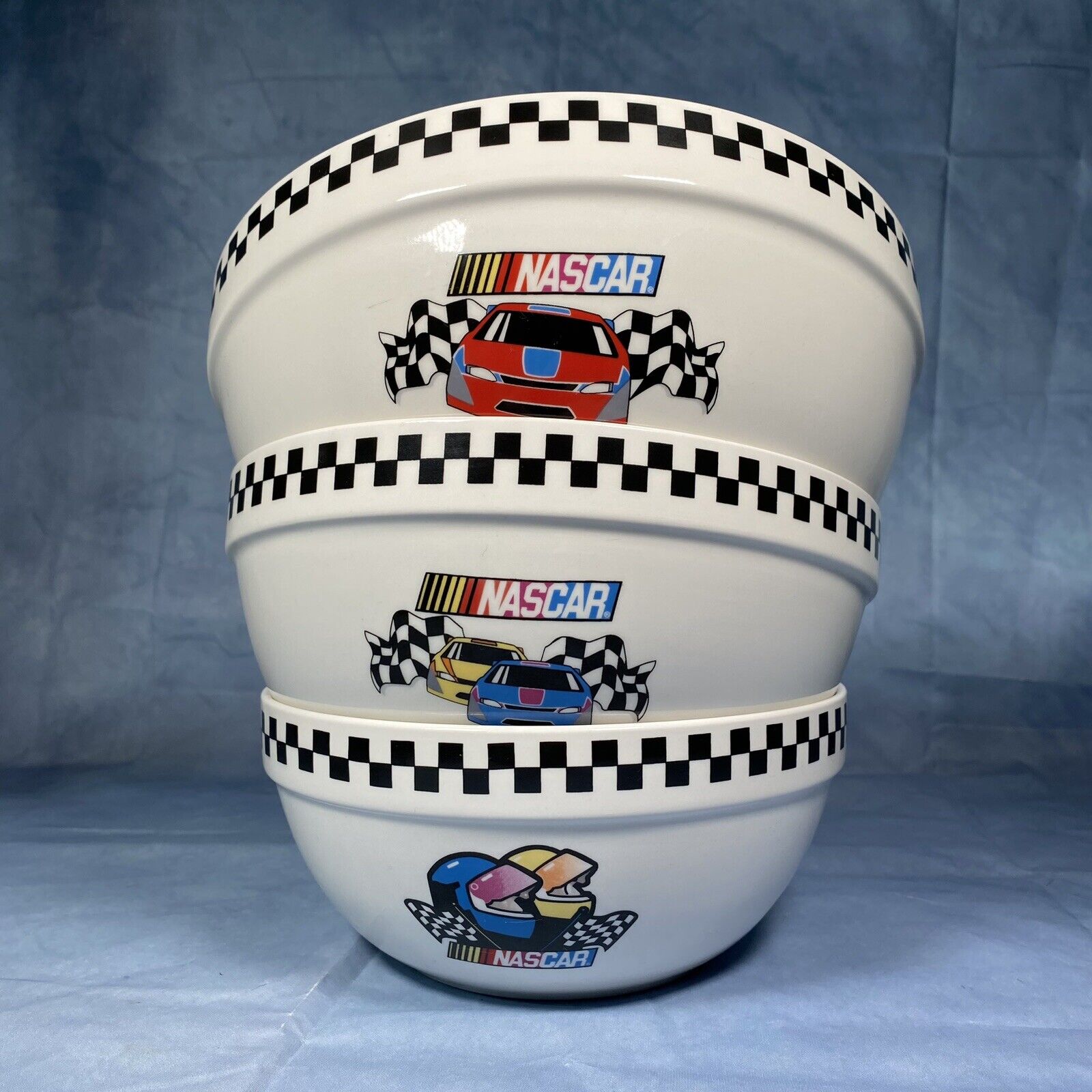 2002 Gibson NASCAR Set of 3 Nesting White Mixing Bowls - Perfect Condition