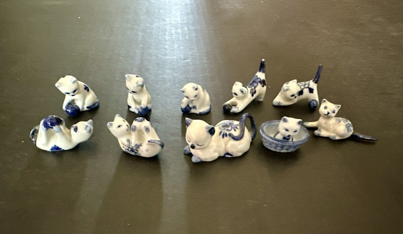 Miniature Blue And White Ceramic Cat Figurines Bundle Of 10
