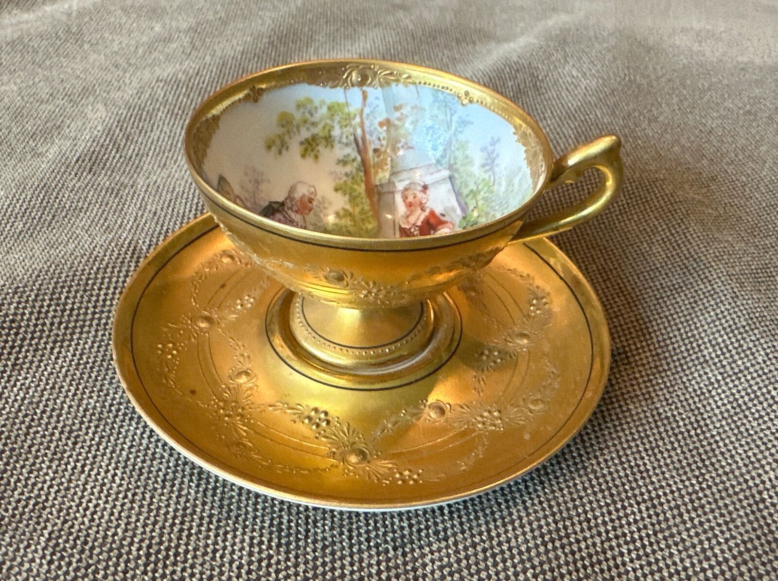 Antique Dresden Gilded Cup & Saucer With Hand Painted Scene