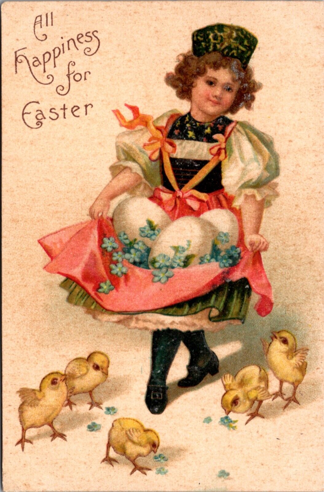 Easter Postcard Little Girl with Eggs and Blue Flowers in her Dress Apron Chicks