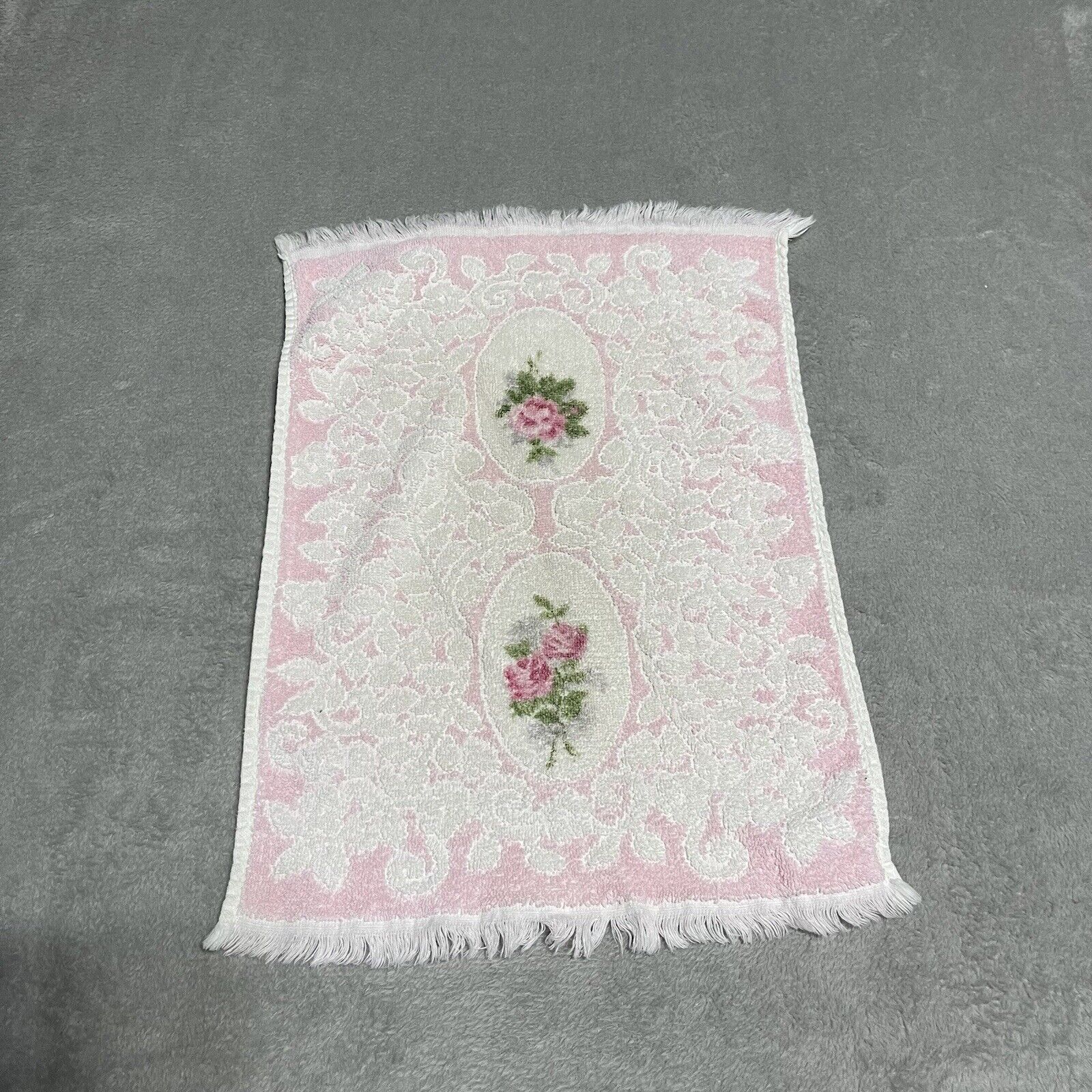 Vintage Cannon Royal Family Sculpted Pink Floral Fringe Hand Towel