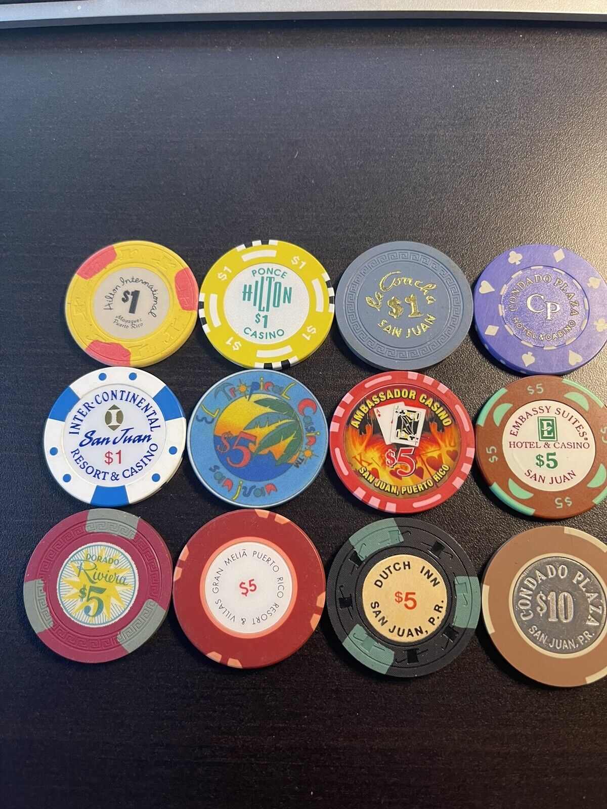 (12) Puerto Rico Casino Chips Vintage Chips $1 $5 $10 Dorado Condado La Concha