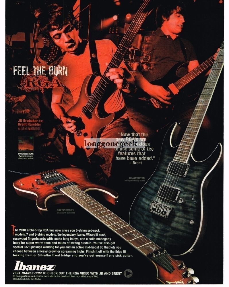 2010 IBANEZ RGA Electric Guitar J B BRUBAKER of AUGUST BURNS RED Vintage Ad