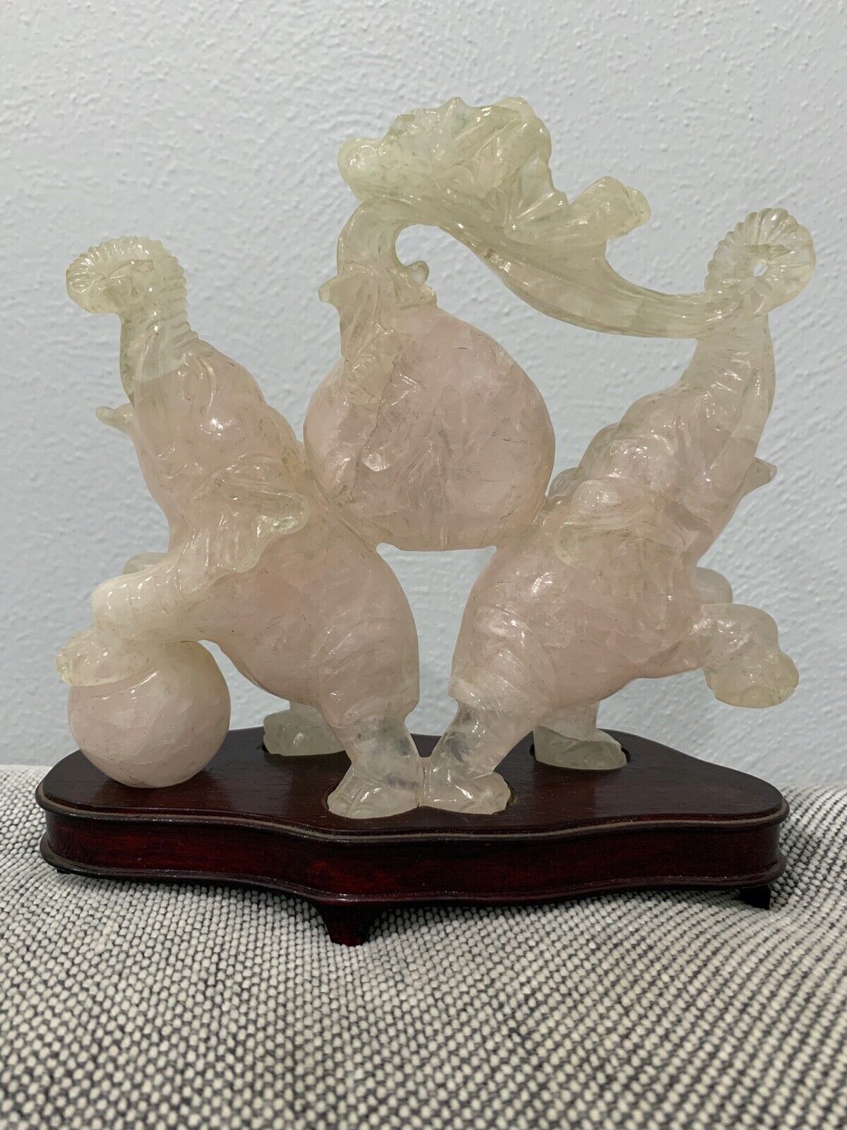 Vintage Possibly Antique Chinese Rose Quartz Elephants & Ball Figurines Statues