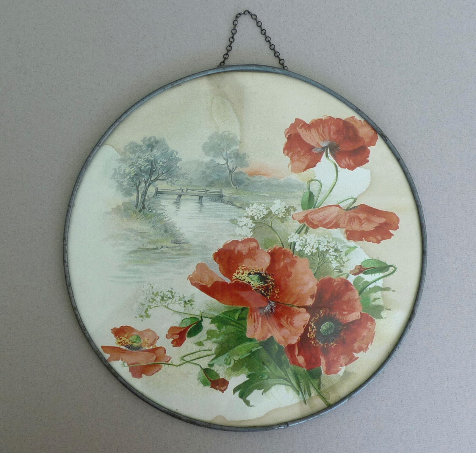 Antique Victorian glass flue cover lithograph poppies poppy flower vintage litho