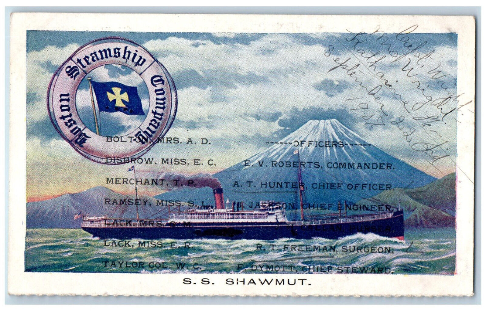 Massachusetts MA Postcard Boston Steamship Company SS Shawmut 1907 Posted