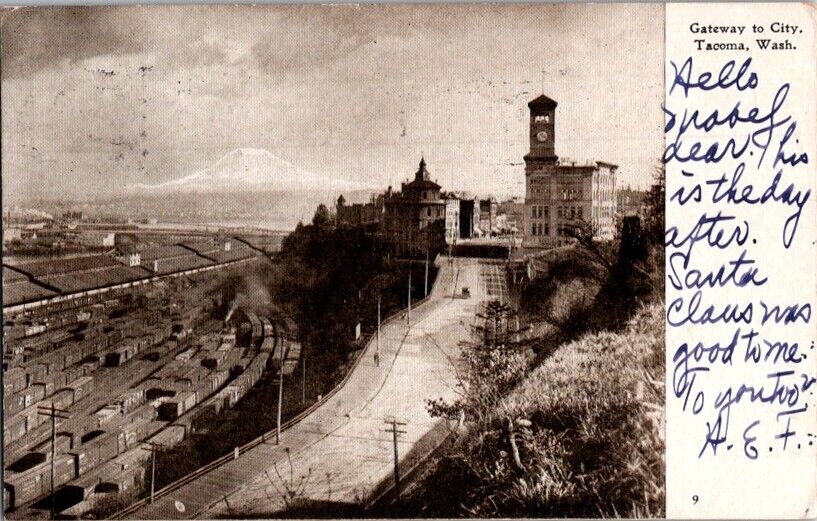 Postcard Gateway to the City Tacoma WA Washington Mt. Ranier Railroad 1907 I-617