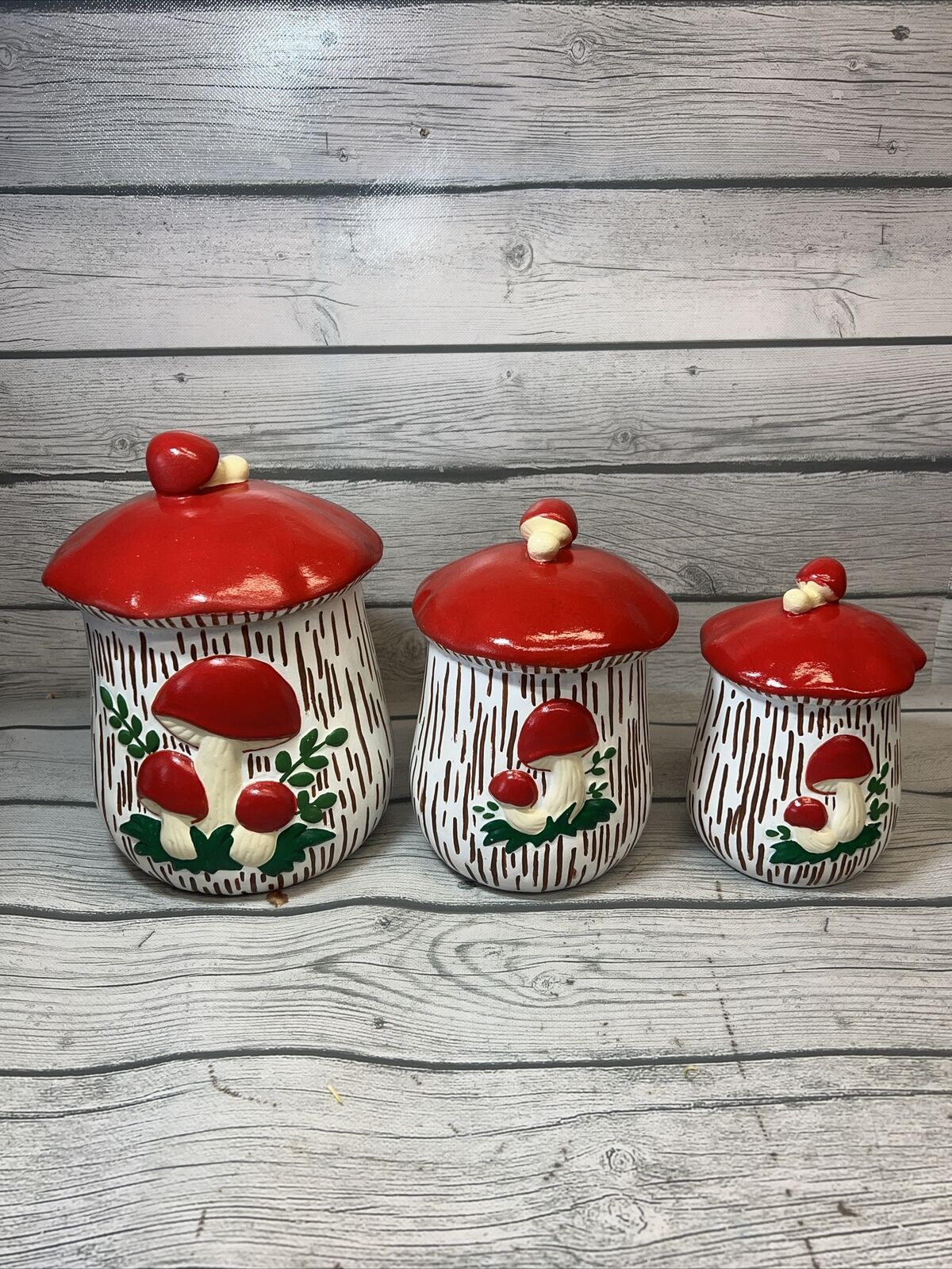 Vintage 70’s Red Merry Mushroom Style 3 piece Canister Set With Lids