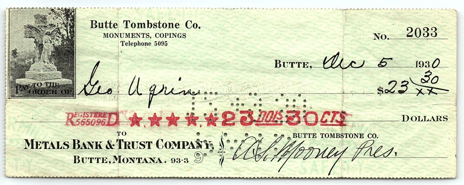 1930 BUTTE MONTANA BUTTE TOMBSTONE CO METALS BANK & TRUST COMPANY CHECK Z1604