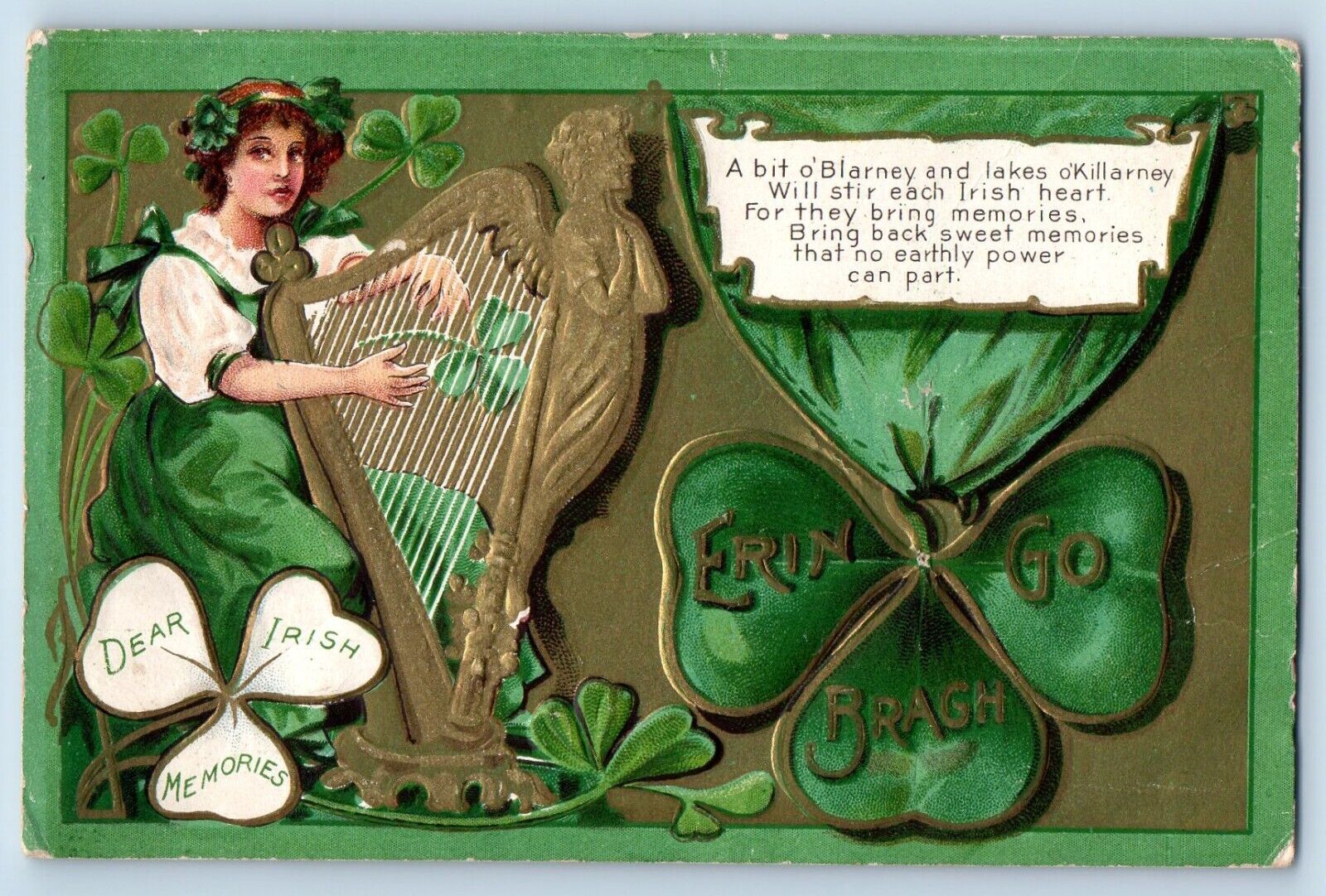 Solomon KS Postcard St. Patrick\'s Day Woman With Harp Shamrock Embossed c1910\'s