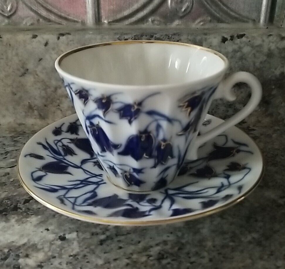 Vtg Lomonosov Russia Blue Gold Trim Bluebells Floral Porcelain Teacup Saucer 