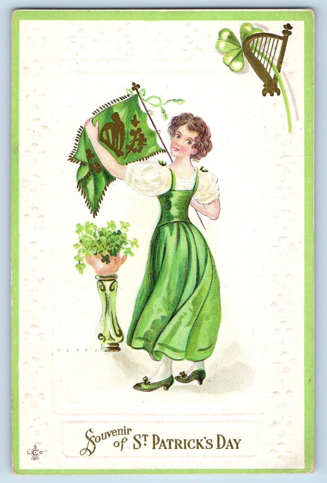 Clinton IL Postcard St. Patrick\'s Day Woman With Flag Shamrock Harp Embossed