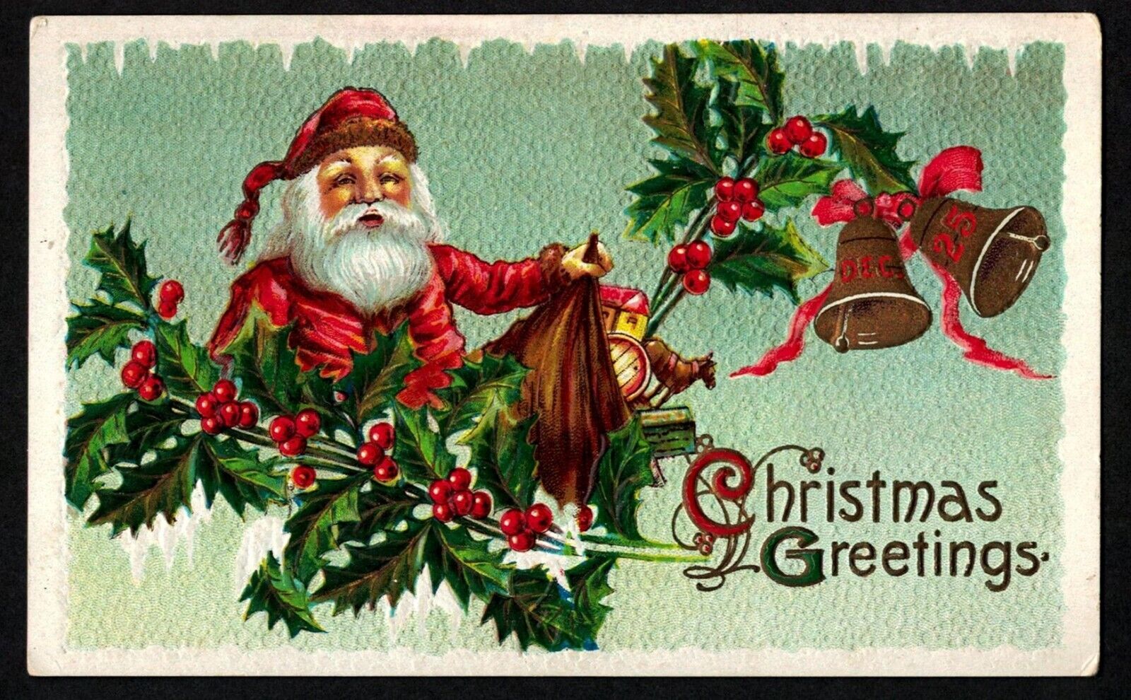 6103 Antique Vintage Christmas Postcard Santa Toys Bag Horse Gold Bells Holly