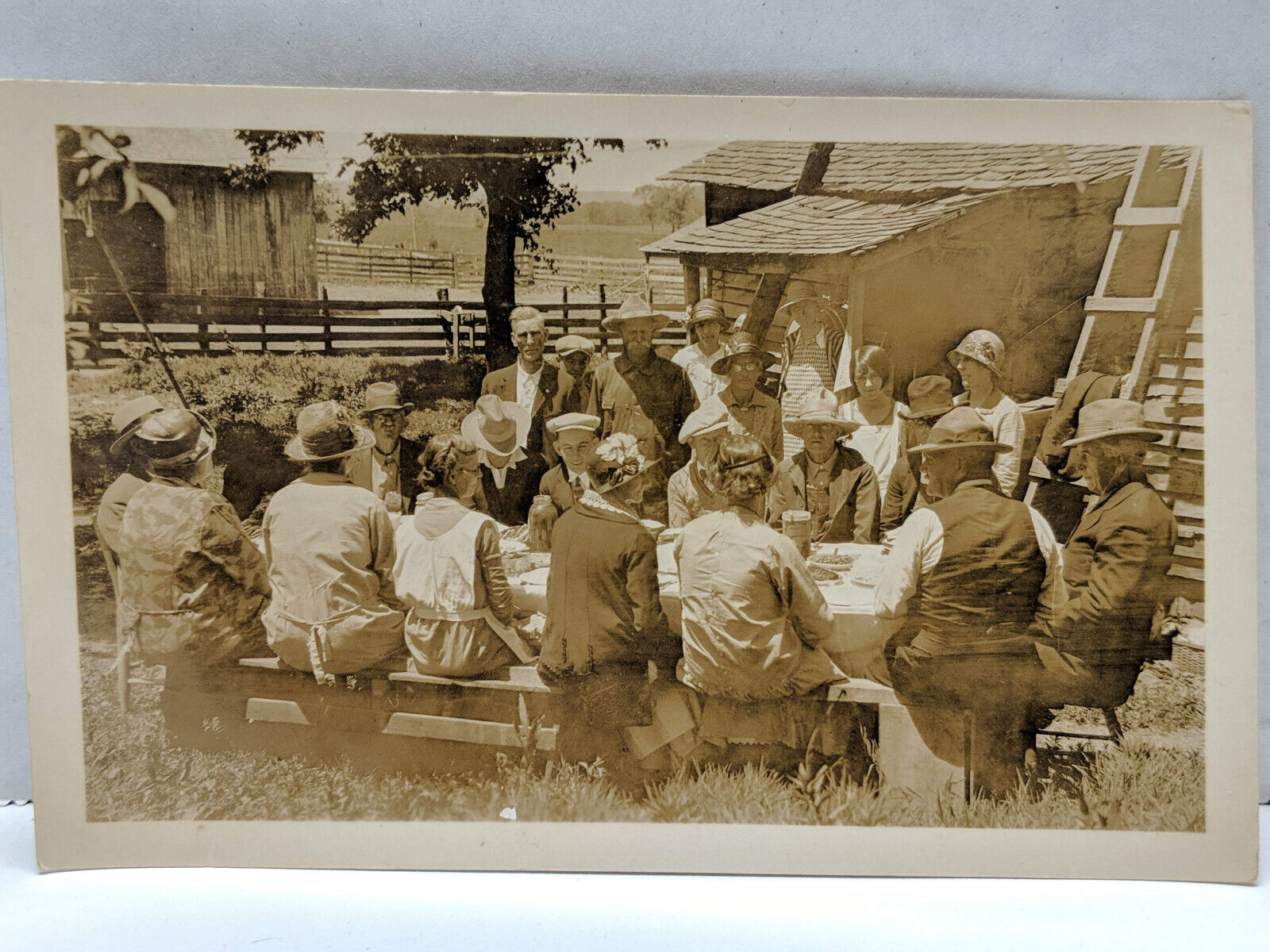 Antique RPPC Real Photo Postcard Family Meal Gathering Homestead 1920\'s